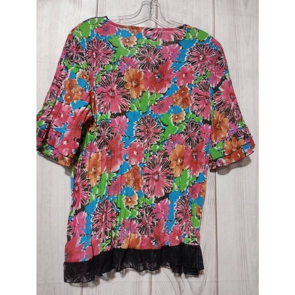 NY Collection Shirt Ladies Extra Large Pink Blue Black Lace Semi Sheer Short Sle - Picture 2 of 9